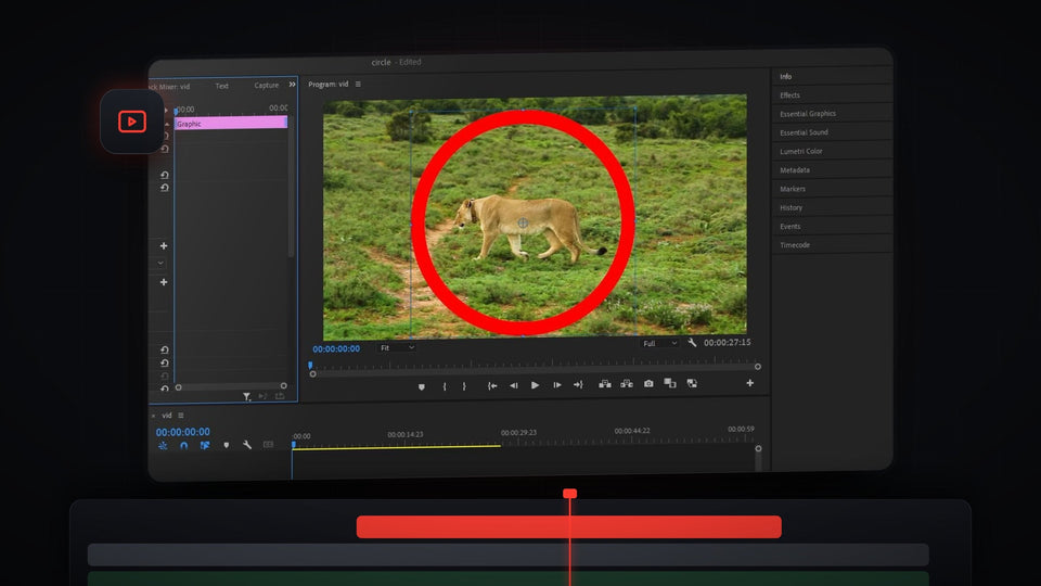 Red ring shape drawn around a lioness in the Premiere Pro Program Monitor
