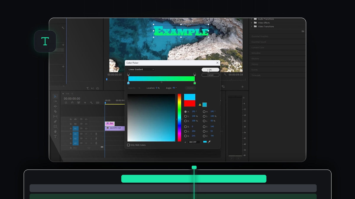 Gradient colored EXAMPLE text and the Color Picker with a linear gradient in Premiere Pro