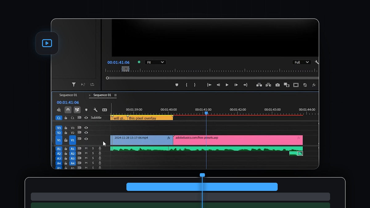 Premiere Pro timeline with an enlarged V1 video track and the audio tracks below it