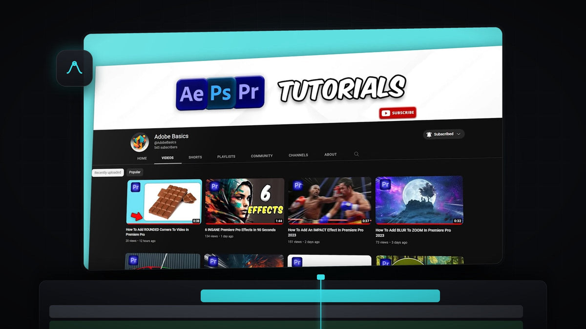 A tilted screenshot of a YouTube channel page with a soft drop shadow on a turquoise background in Premiere Pro