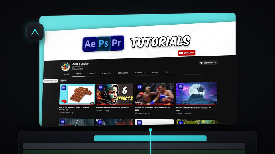 A tilted screenshot of a YouTube channel page with a soft drop shadow on a turquoise background in Premiere Pro