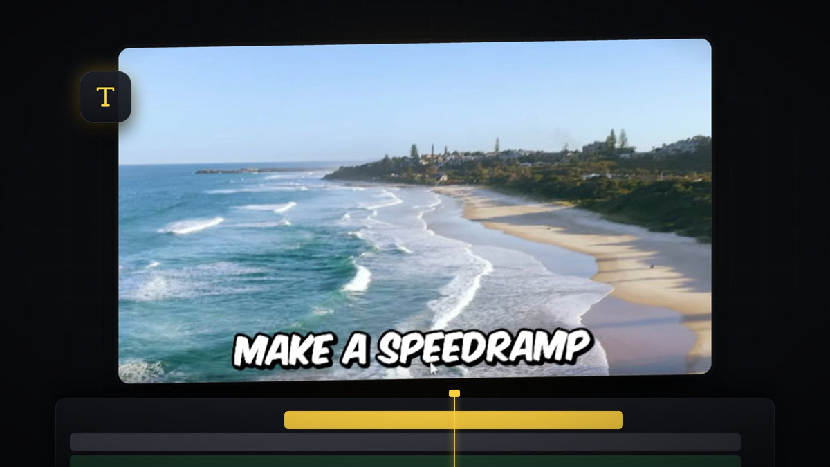 Aerial beach footage in Premiere Pro with the animated subtitle Make a speedramp over the water
