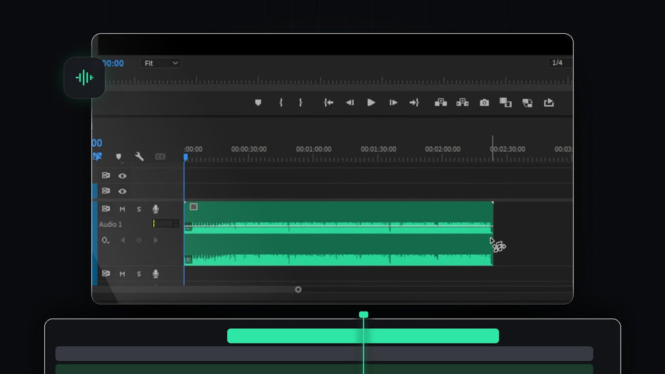 Premiere Pro timeline with a long music clip on Audio 1 and the Remix Tool cursor at its end