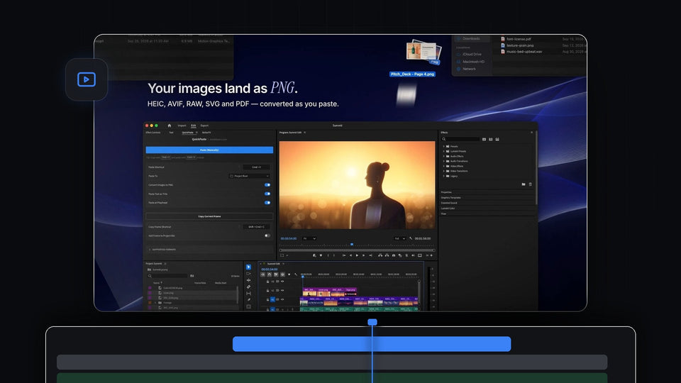 QuickPaste in Premiere Pro converting pasted images to PNG, with a portrait shot in the Program Monitor and pasted files on the timeline