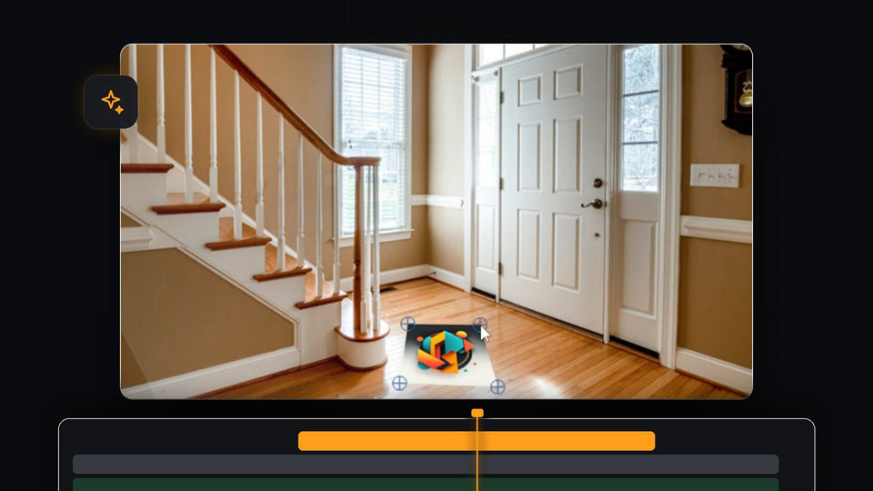 A colorful logo pinned in perspective onto the wooden floor of a hallway in Premiere Pro