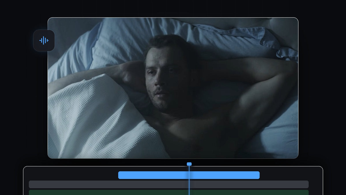 Man lying in bed in a dark, blue-toned cinematic shot used in the Premiere Pro distant audio tutorial