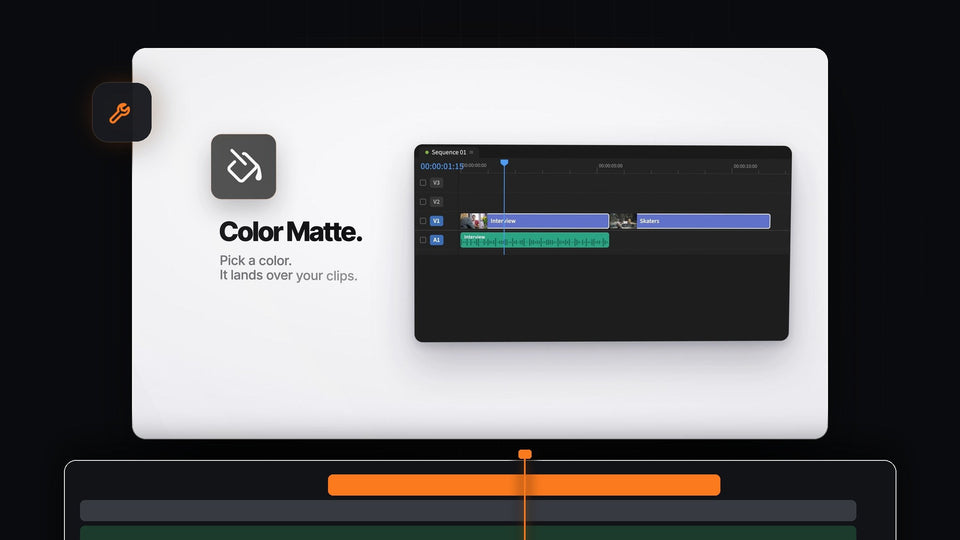 Mako Color Matte button in Premiere Pro next to a timeline with clips, ready to drop a matte over the selection