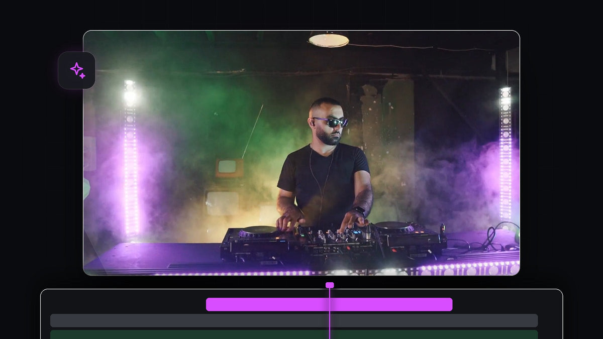 DJ in sunglasses at a mixing desk with green and purple smoke and lights, used as the bass shake effect example