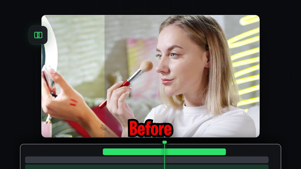 Before and after split screen of a woman applying makeup, made in Premiere Pro