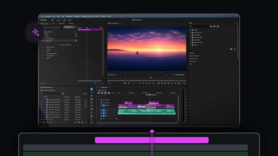 Premiere Pro 2022 editor with Lumetri Color applied by BetterFX in Effect Controls and a sunset shot in the Program Monitor