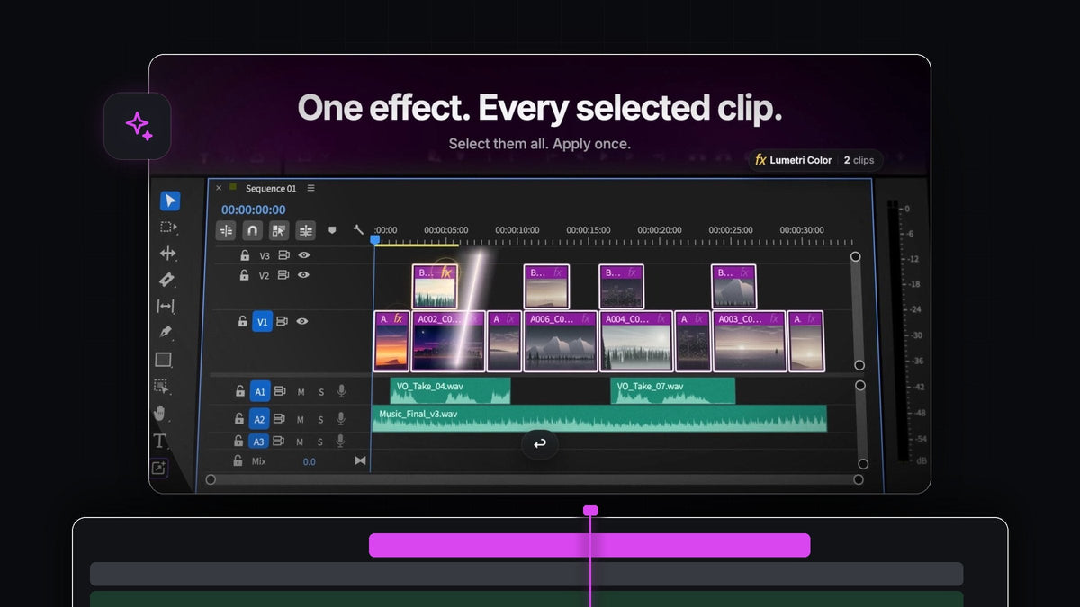 BetterFX applying Lumetri Color to every selected clip in a Premiere Pro 2023 timeline