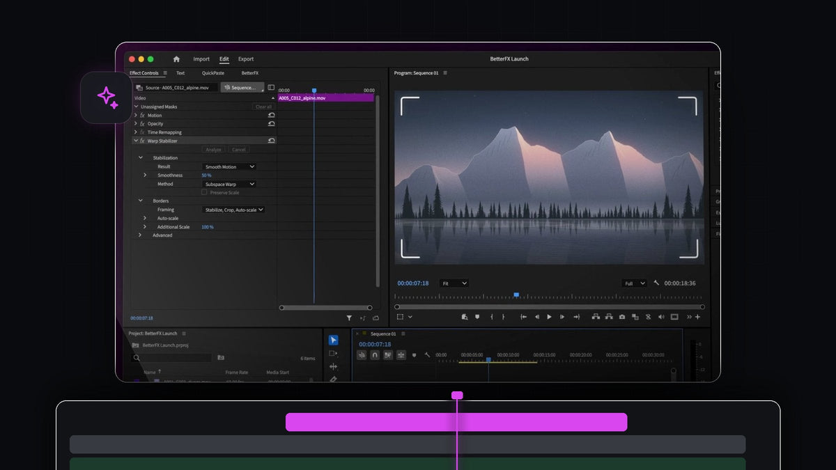 Warp Stabilizer applied with a BetterFX shortcut in Premiere Pro 2024, shown in Effect Controls and the Program Monitor