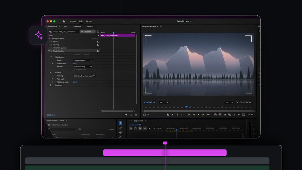 Warp Stabilizer applied with a BetterFX shortcut in Premiere Pro 2024, shown in Effect Controls and the Program Monitor