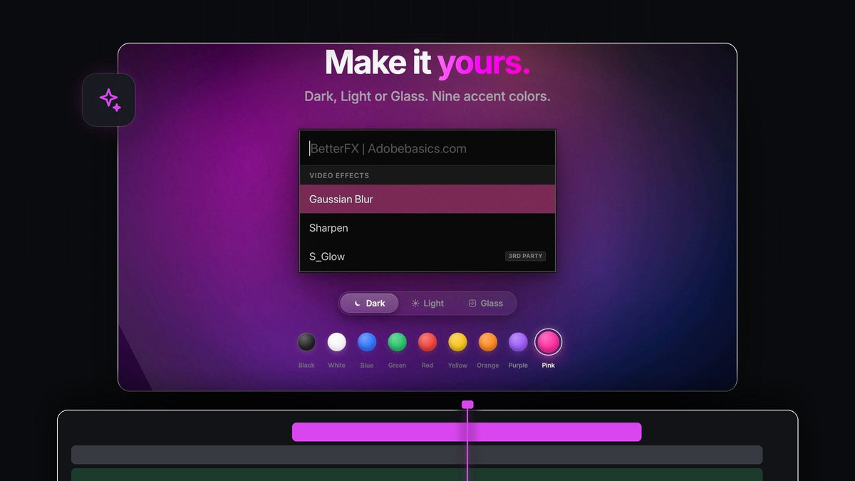 BetterFX search bar in Dark mode with Gaussian Blur highlighted and nine accent colors for Premiere Pro 2025