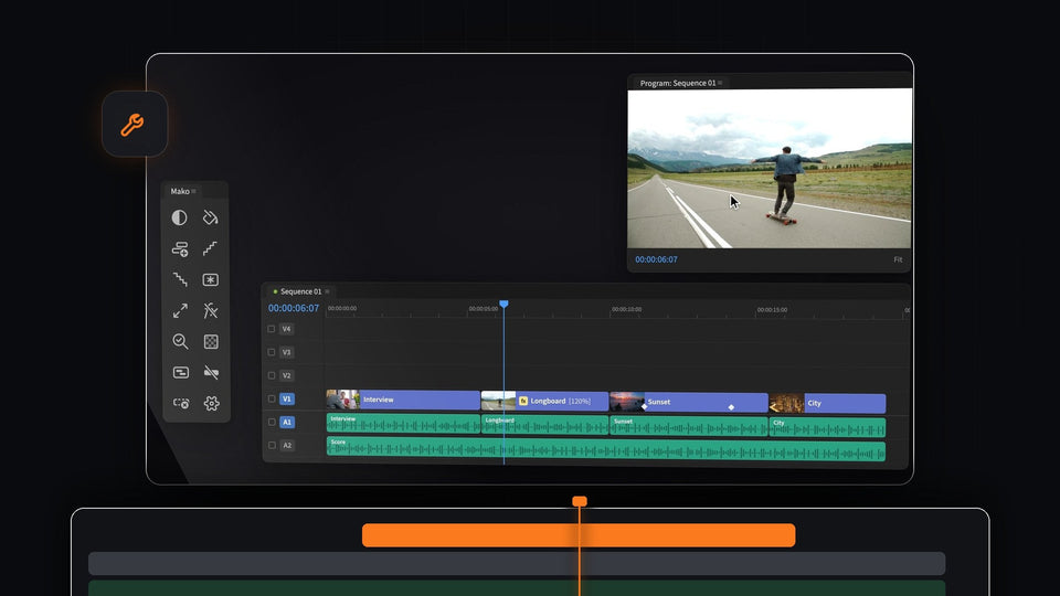 Mako panel beside a Premiere Pro 2022 timeline with the playhead parked on a longboard shot, ready for a one-click freeze frame