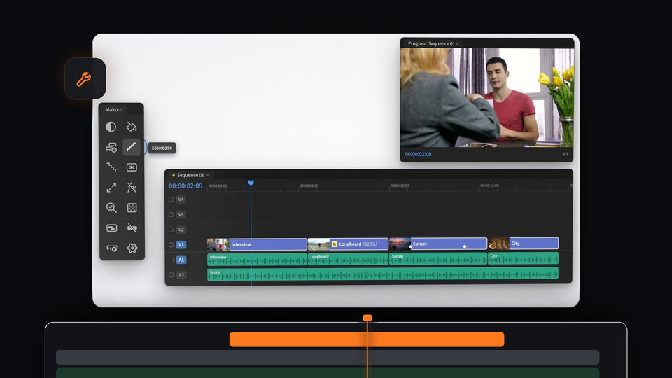Mako panel with the Staircase button highlighted beside a Premiere Pro 2023 timeline and Program Monitor