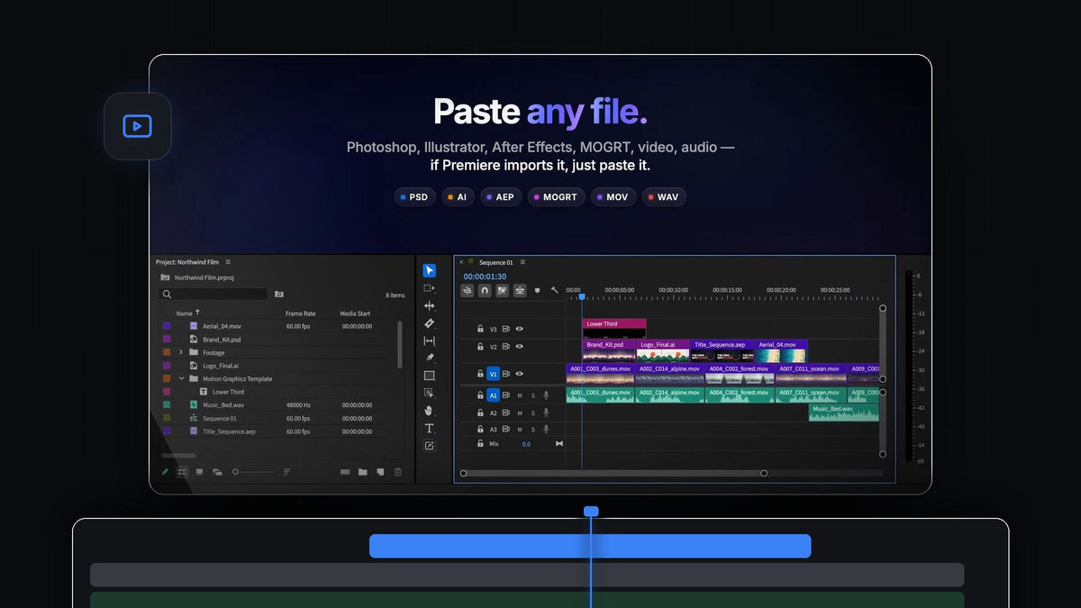 Premiere Pro project bin and timeline filled with pasted PSD, AI, AEP, MOGRT, MOV and WAV files from QuickPaste