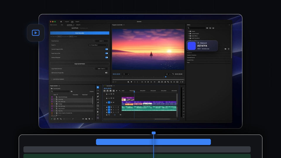 QuickPaste panel in Premiere Pro 2024 with a copied brand HEX color on the clipboard, ready to paste onto the timeline