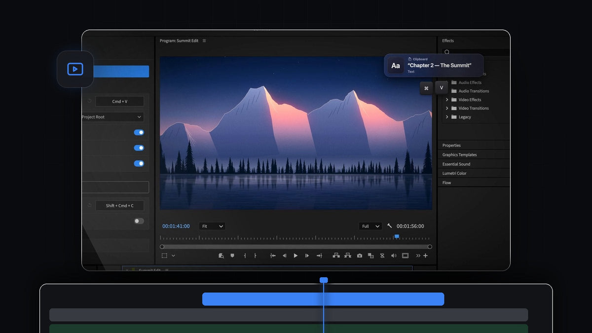 Premiere Pro 2025 Program monitor with a copied chapter title on the clipboard, about to be pasted as a title with QuickPaste