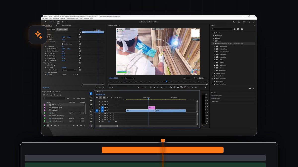 A Premiere Pro project using a preset pack with the Presets folder open next to a Fortnite clip in the Program Monitor