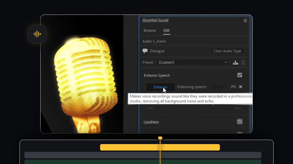 Golden microphone next to the Premiere Pro Essential Sound panel with Enhance Speech