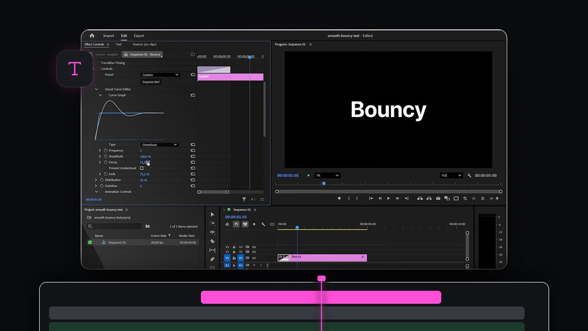 The word Bouncy in white on black in the Premiere Pro Program Monitor with Overshoot settings in Effect Controls