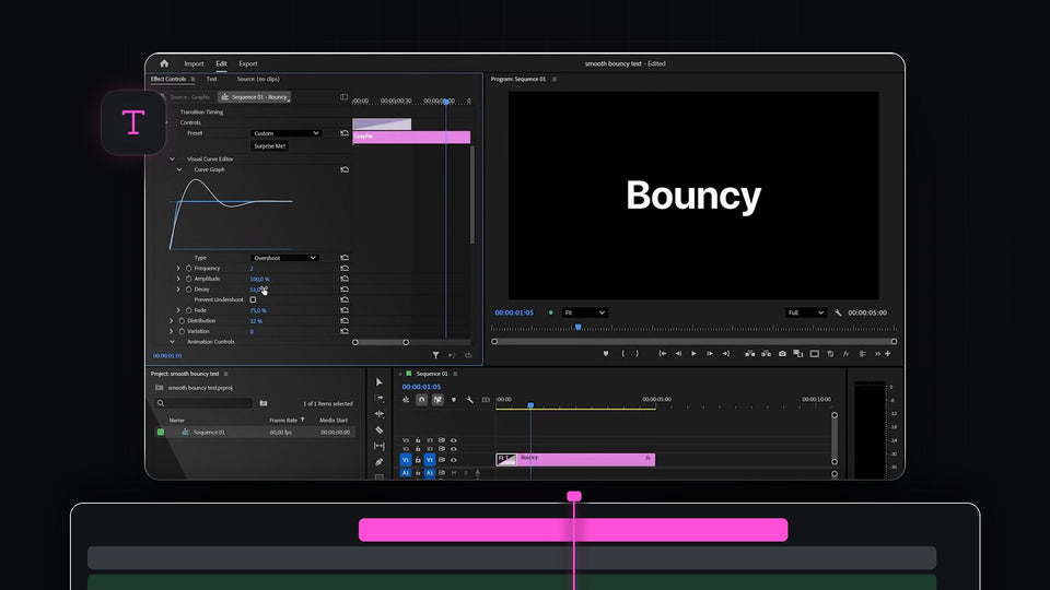 The word Bouncy in white on black in the Premiere Pro Program Monitor with Overshoot settings in Effect Controls