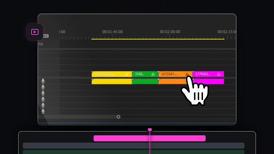 Premiere Pro timeline with clips recolored to yellow, green, orange and magenta labels