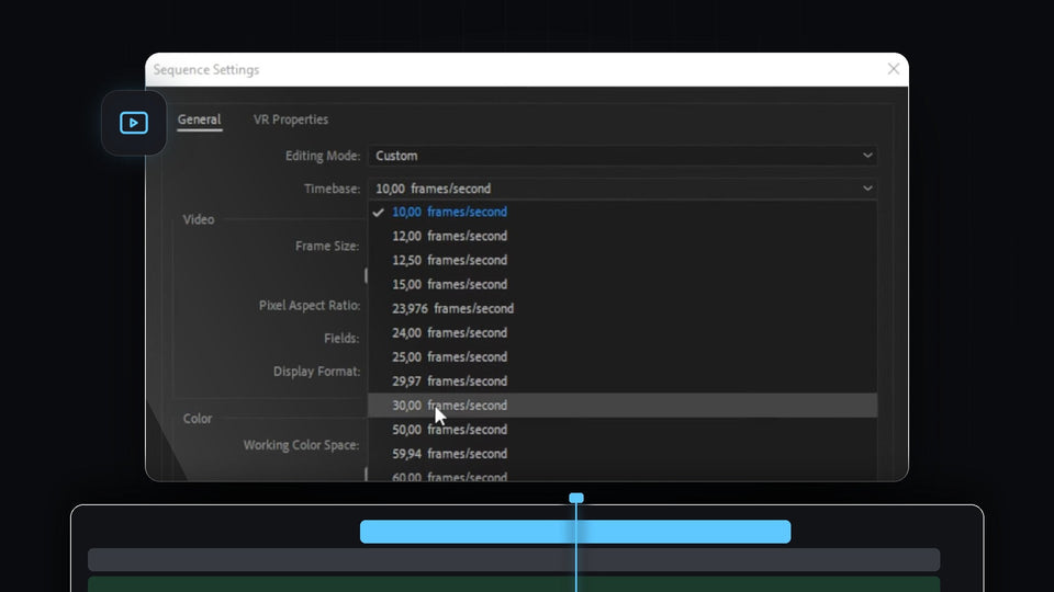 Premiere Pro Sequence Settings window with the Timebase dropdown open showing frame rates from 10 to 60 frames per second