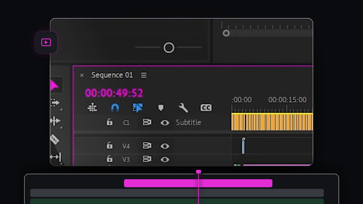 The Premiere Pro timeline panel recolored with a magenta highlight color