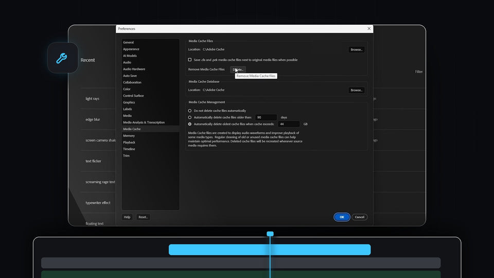 Premiere Pro Preferences window on the Media Cache page with the Remove Media Cache Files Delete button