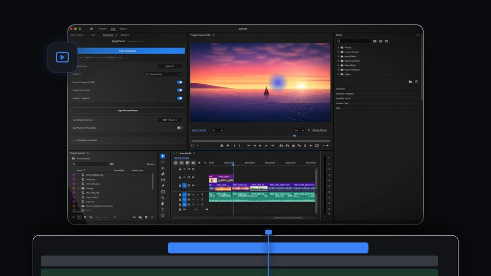 QuickPaste panel in Premiere Pro next to a sunset shot in the Program Monitor and a timeline of pasted clips