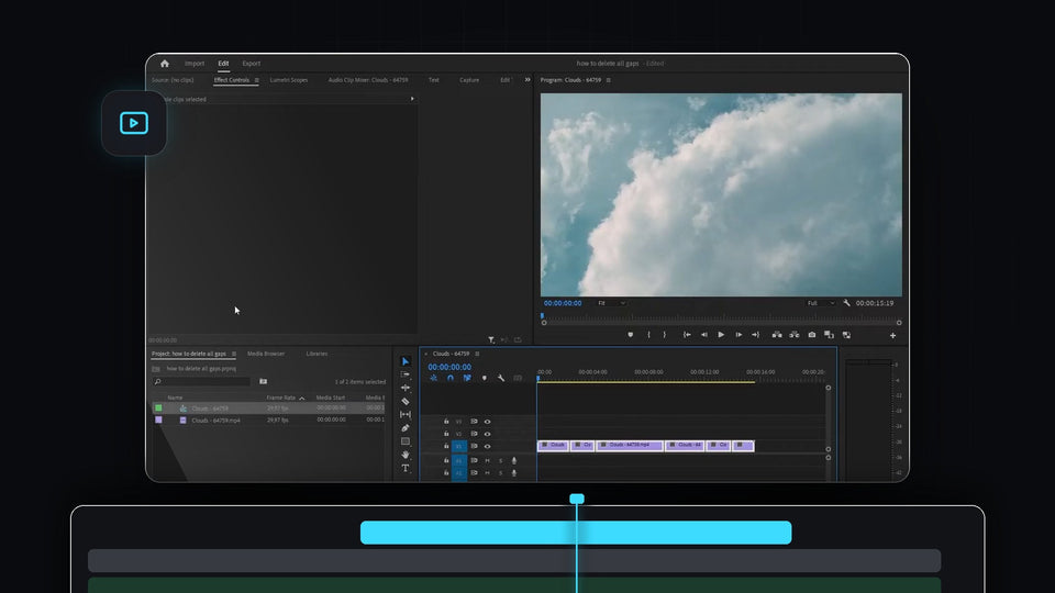 Premiere Pro editing workspace with a cloud clip in the Program monitor and a timeline with all gaps closed