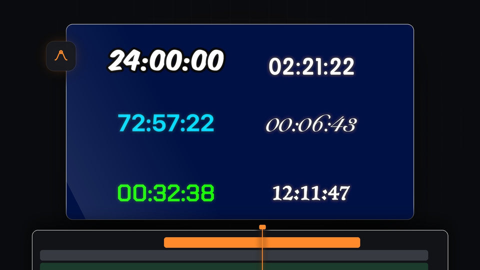 Six styled countdown timers in different fonts and colors on a dark blue background