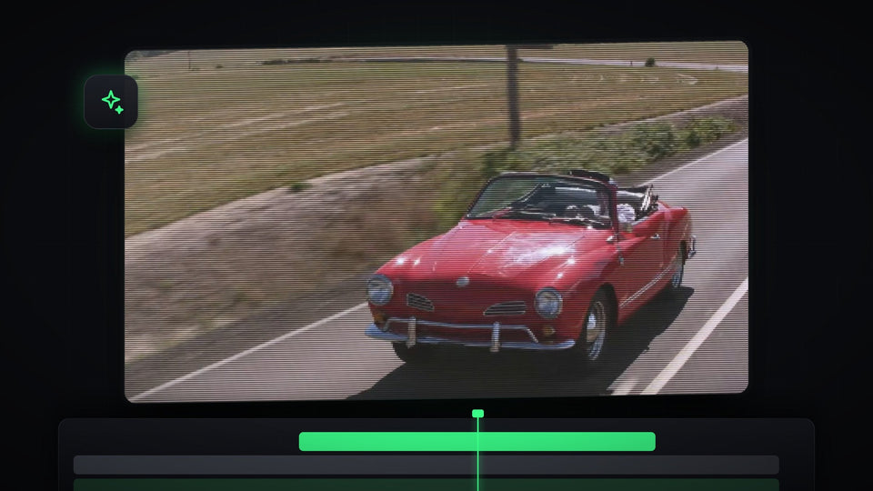 Red convertible driving on a road with a pixelated CRT scanline effect applied in Premiere Pro
