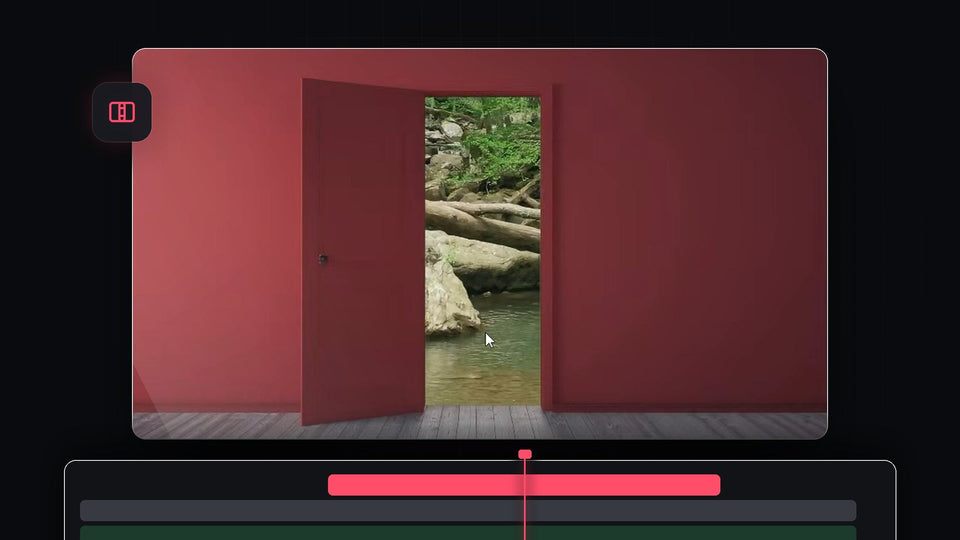 A red door opening in a red wall to reveal a forest river, the finished door transition in Premiere Pro