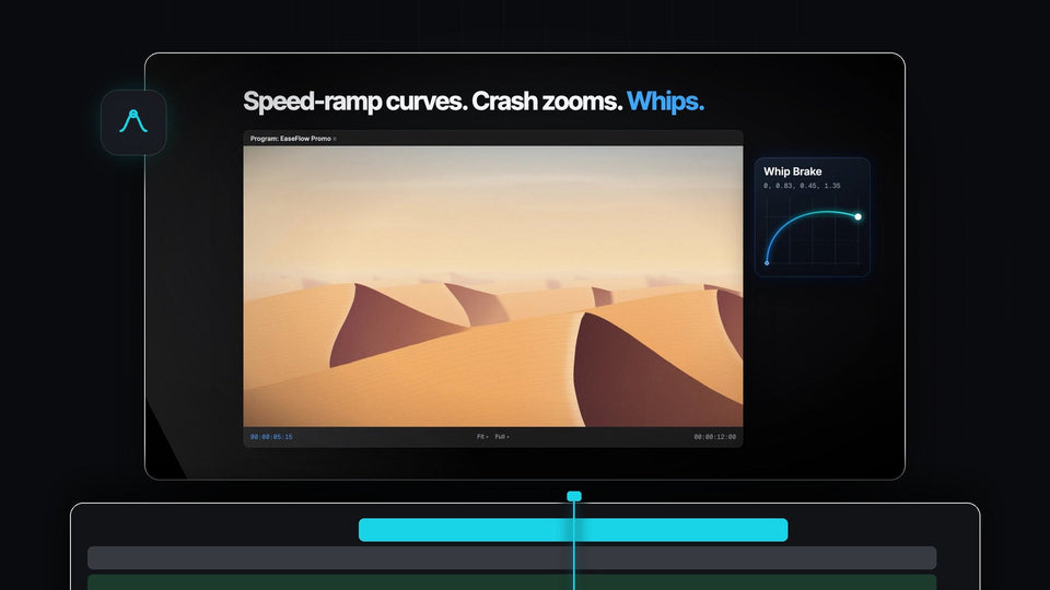 Desert dunes in the Premiere Pro Program Monitor next to the EaseFlow Whip Brake speed-ramp curve card
