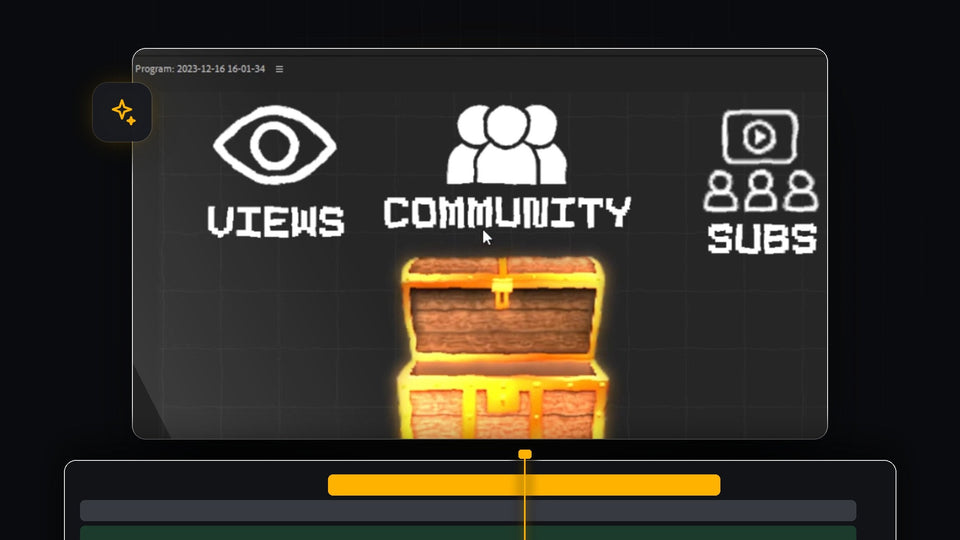 Hand-drawn style views, community and subs icons above a treasure chest with a subtle wobble effect in Premiere Pro