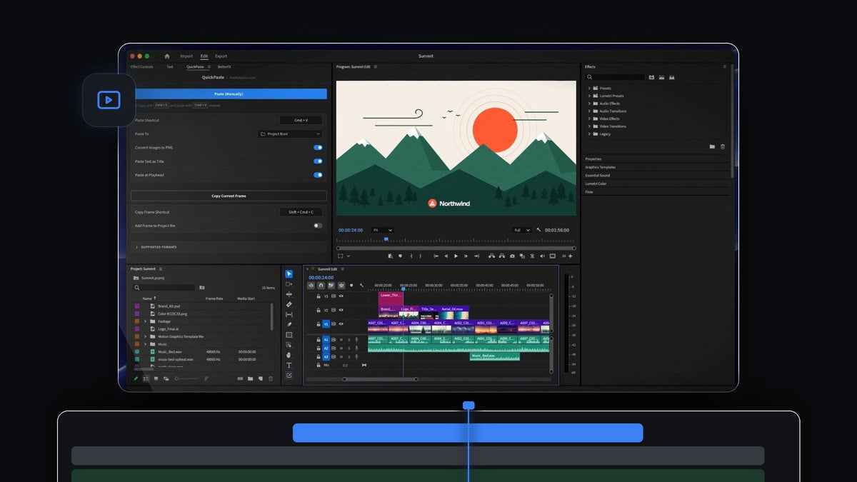 Premiere Pro with the QuickPaste panel open and a pasted illustration in the Program Monitor, with pasted files on the timeline