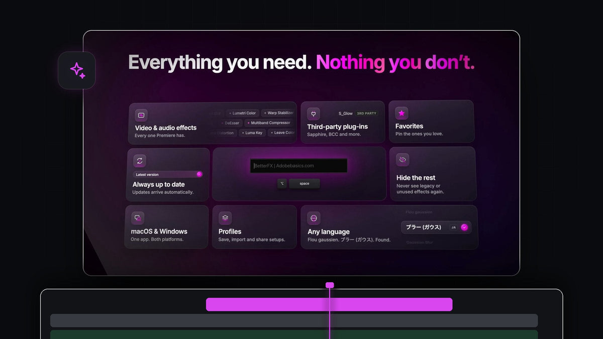 BetterFX feature overview for Premiere Pro: video and audio effects, third-party plug-ins, favorites, hidden effects, profiles and Mac and Windows support