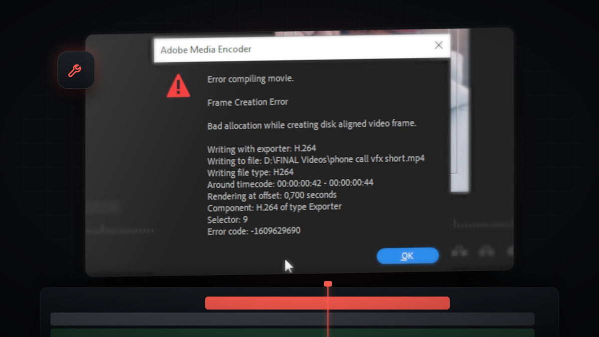 The Error compiling movie, Frame Creation Error dialog from Adobe Media Encoder shown in Premiere Pro