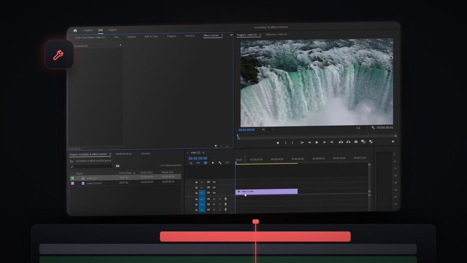 Premiere Pro workspace with an empty Effect Controls panel, program monitor and timeline
