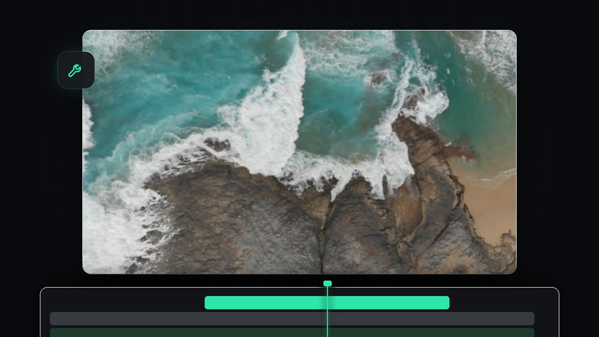 Aerial view of ocean waves crashing on rocks in the Premiere Pro Program Monitor
