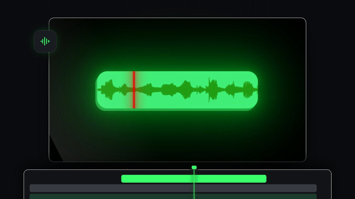 Glowing green audio waveform with a red playhead line on a black background