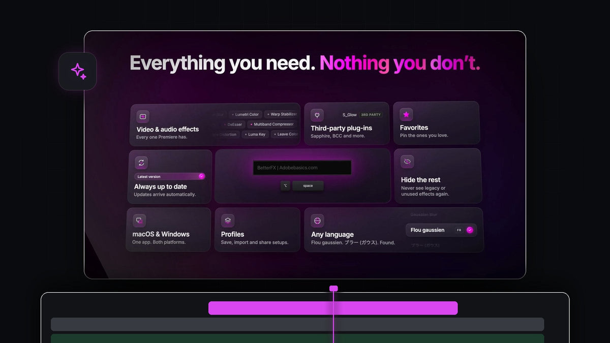 BetterFX features for Premiere Pro: video and audio effects, third-party plug-ins, favorites, hidden effects, profiles and macOS and Windows support