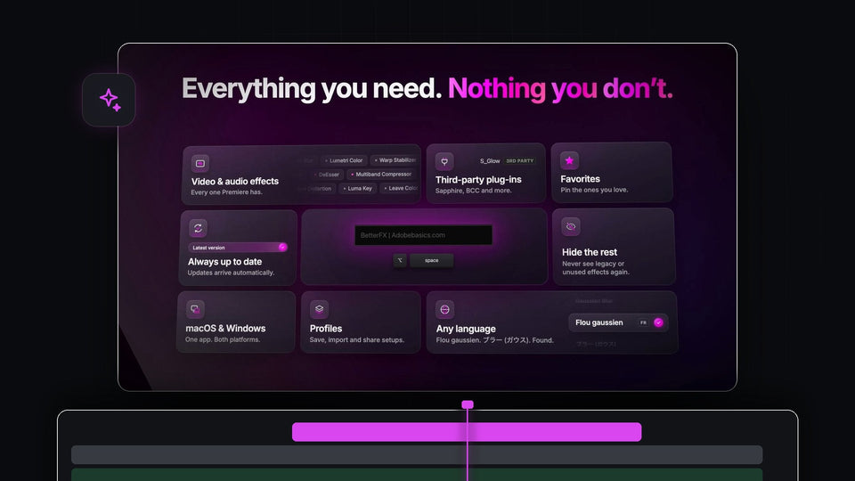 BetterFX features for Premiere Pro: video and audio effects, third-party plug-ins, favorites, hidden effects, profiles and macOS and Windows support