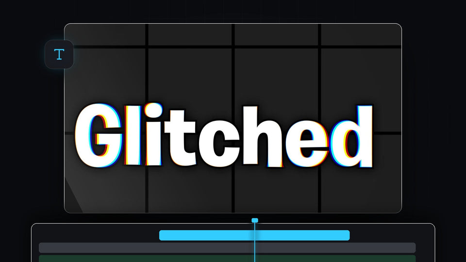 The word Glitched with red, blue and yellow colour split edges on a dark grid, made in Premiere Pro