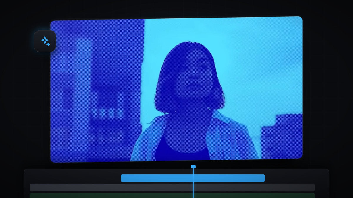 Portrait with a fine halftone dot pattern and a blue duotone tint in the Premiere Pro Program Monitor