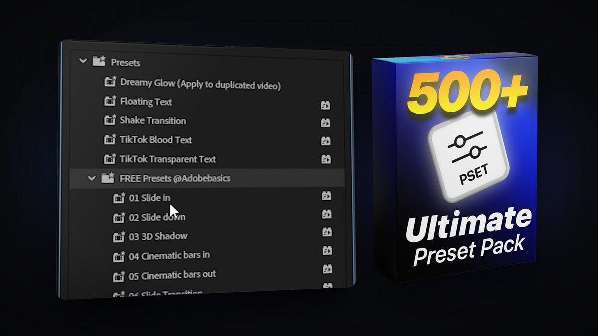 Premiere Pro Effects panel with imported presets next to the Ultimate Premiere Pro Preset Pack