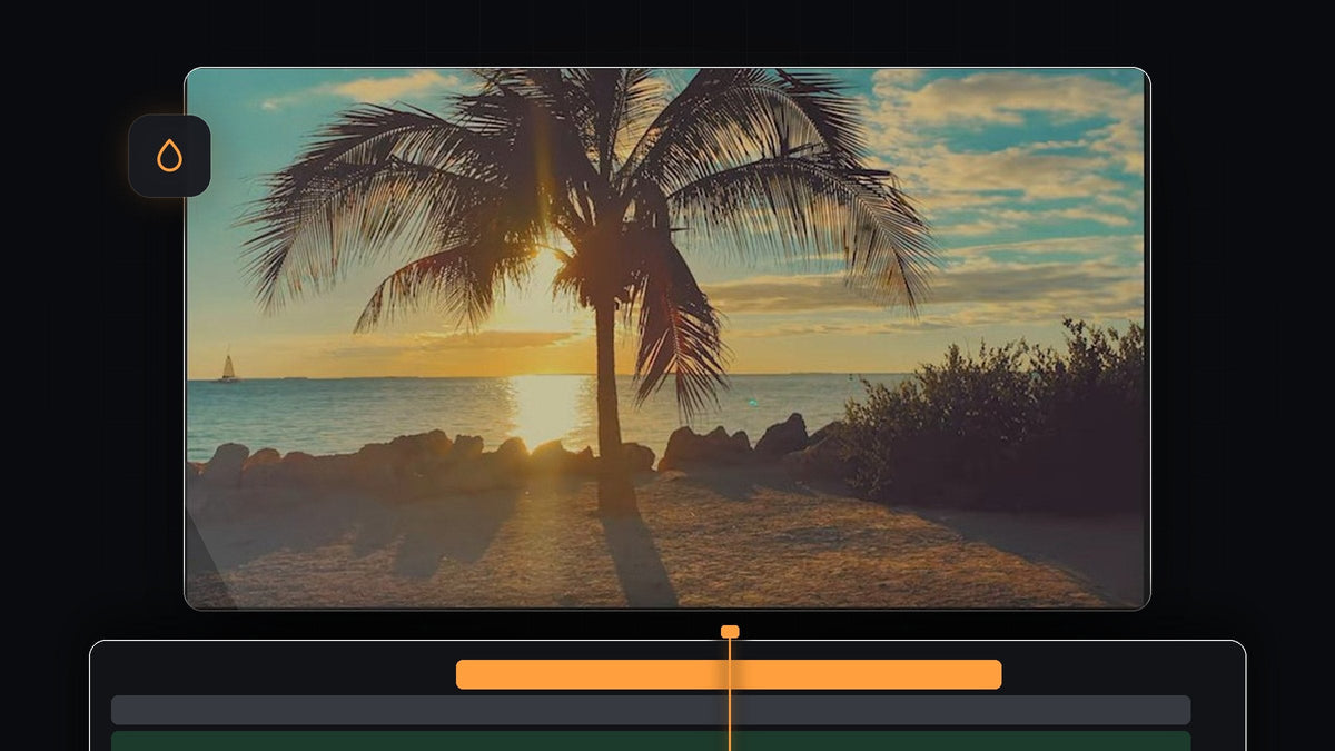 Sunset beach with a palm tree and a warm LUT color look applied in Premiere Pro